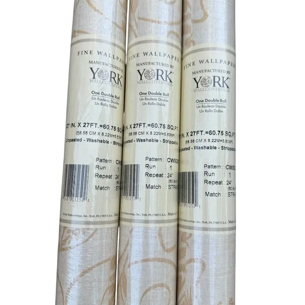 York Wallcoverings Wallpaper Damask Style Beige Gold Discontinued 1 Roll NEW